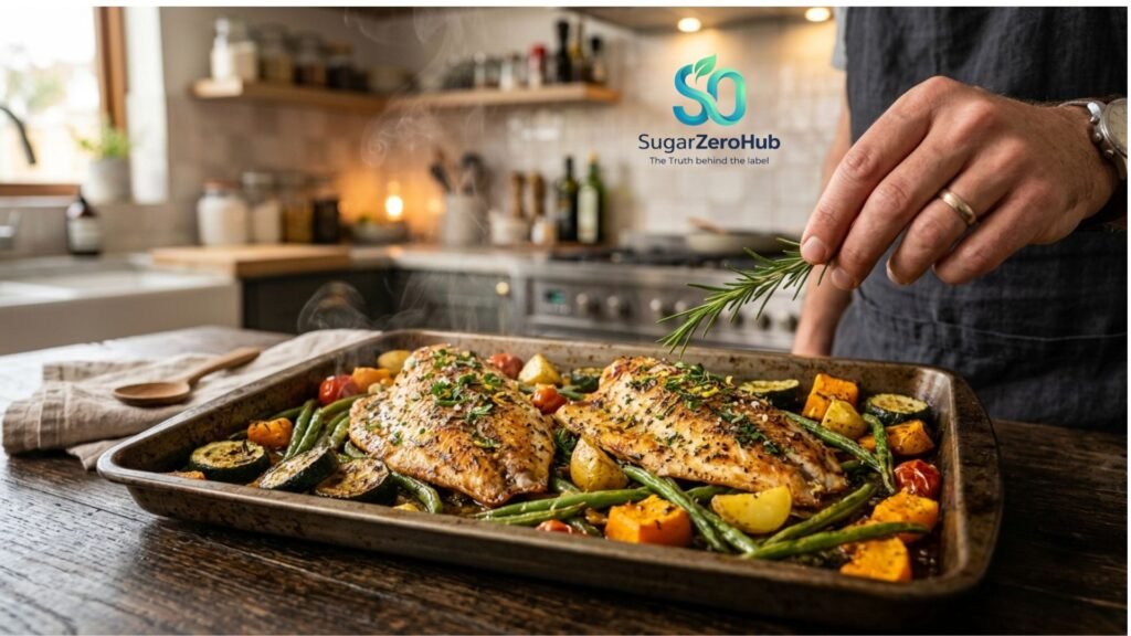 Baked fish fillet with roasted zucchini, pumpkin, and green beans, a healthy meal for brain health and mental clarity.