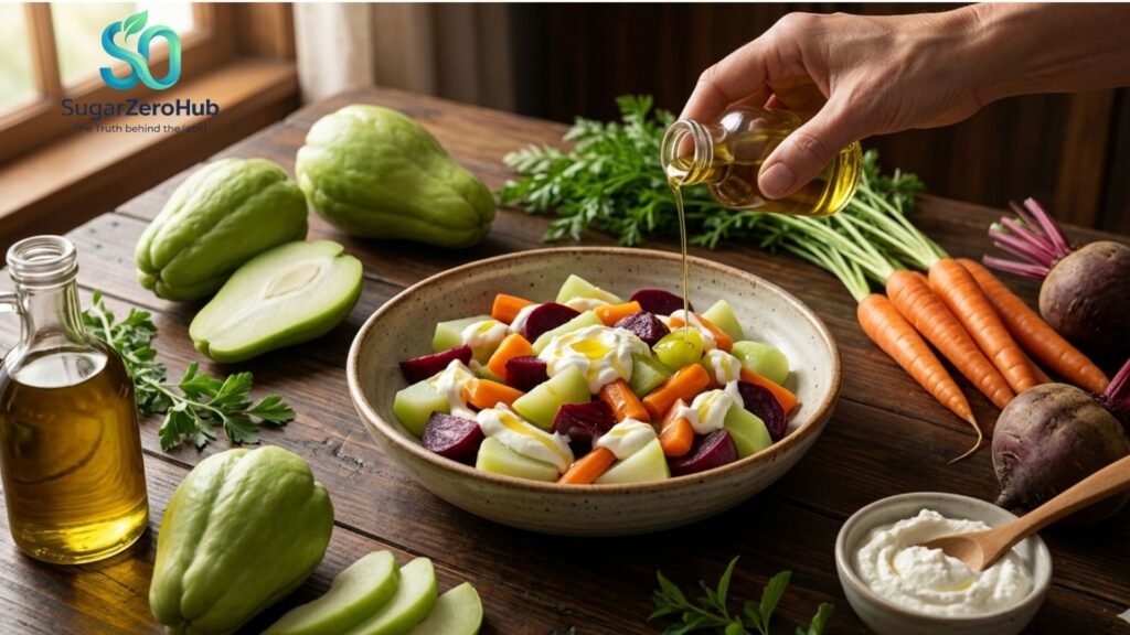 Beyond the Surface: Escaping the Hidden Dangers of "Healthy" Salads Steamed chayote, carrot, and beet salad with ricotta cream, showing a healthy diet free from hidden sugars.