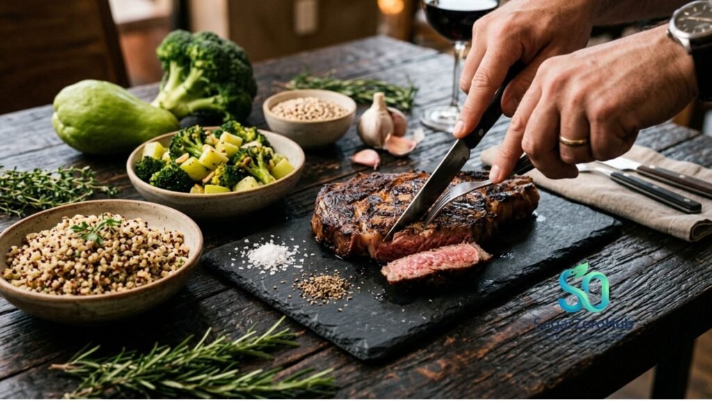 Grilled ribeye steak with broccoli, chayote, and quinoa, a high-protein meal for men's metabolic health.