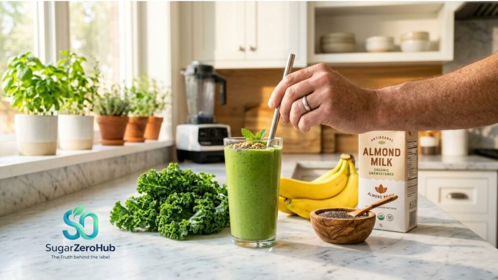 A green calming smoothie with kale, banana, and chia seeds on a kitchen counter for stress relief and metabolic health.
