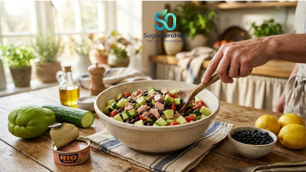The Satiety Secret: High-Protein Bean and Tuna Salad for Effective Weight Loss A high-protein bean and tuna salad with chayote and cucumber, a perfect meal for weight loss and satiety.