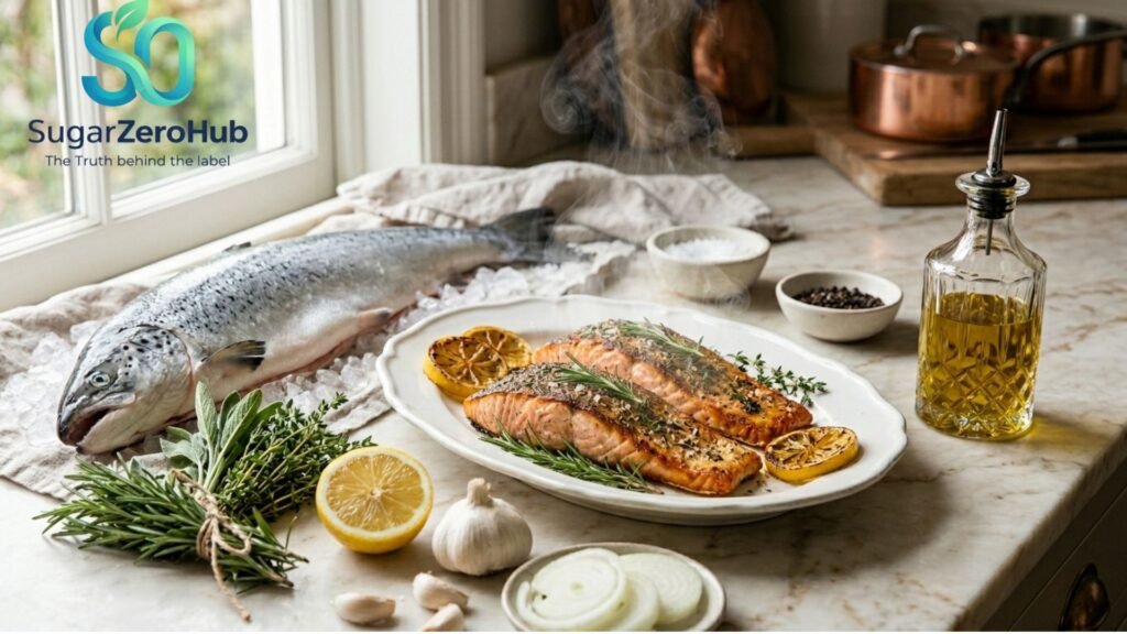 Roasted fish fillets with herbs and olive oil, a perfect meal for blood sugar control and omega-3 intake.