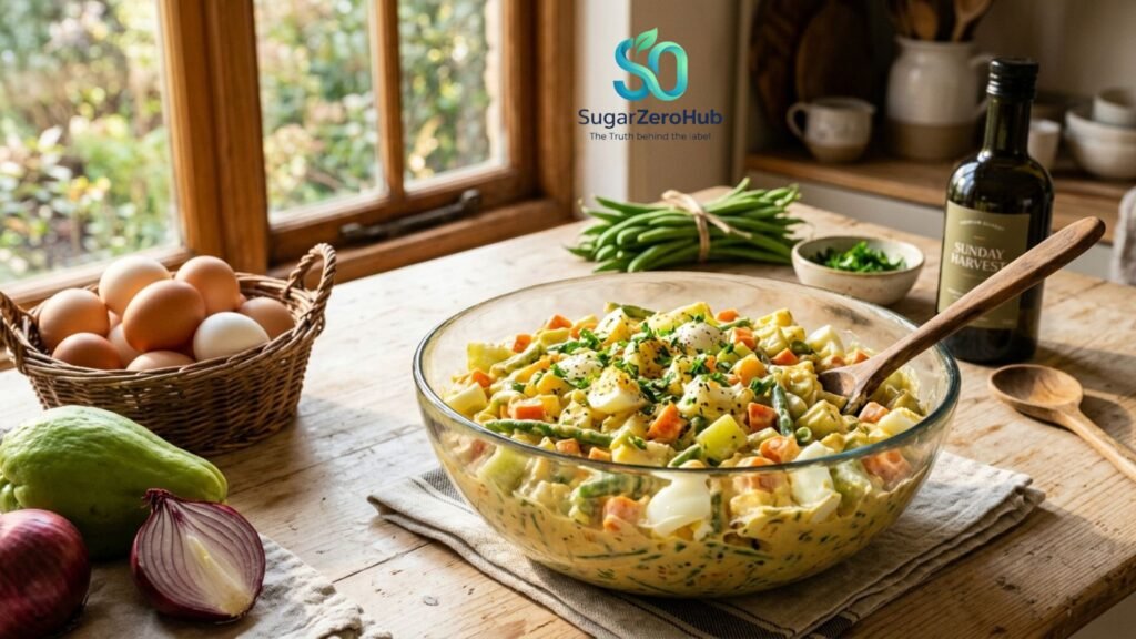 A functional Sunday salad with eggs, ricotta, and chayote, focused on brain health and choline intake.