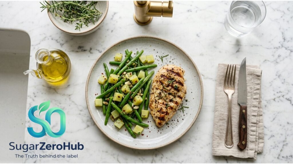 A healthy balanced meal for diabetes prevention featuring lean protein and fiber.