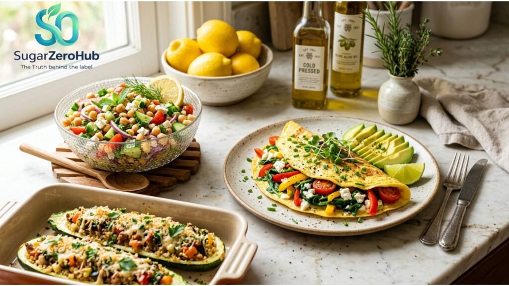 Fast healthy recipes including omelets and chickpea salad for glucose control.