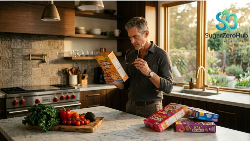 The Silent Sabotage: Hidden Dangers in "Healthy" Labels That Spike Your Sugar A man in his 50s examining ingredients on a food box in a modern kitchen, contrasting fresh vegetables with processed foods.