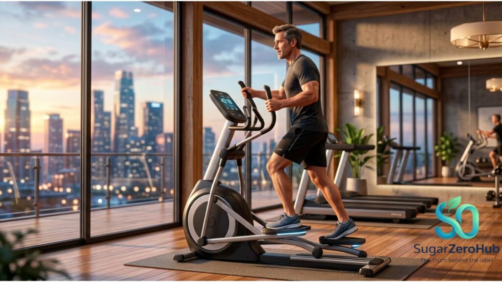 A fit man in his 50s in a home gym monitoring his health and vitality, representing modern men's metabolic health.