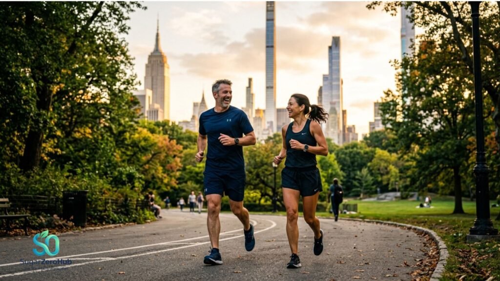 A fit couple in their late 40s happily jogging on a tree-lined path in Central Park, NYC, with the Manhattan skyline in the background, demonstrating stress relief in the city. SugarZeroHub.