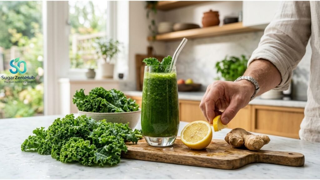The Metabolic Green Tonic: How Kale, Lemon, and Ginger Drive Weight Loss Fresh green juice with kale, lemon, and ginger on a marble table, illustrating a weight loss tonic for glucose control. SugarZeroHub.