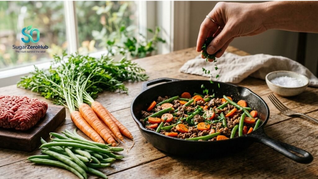 A healthy meal of sautéed ground beef with carrots and green beans in a skillet, symbolizing blood sugar control.
