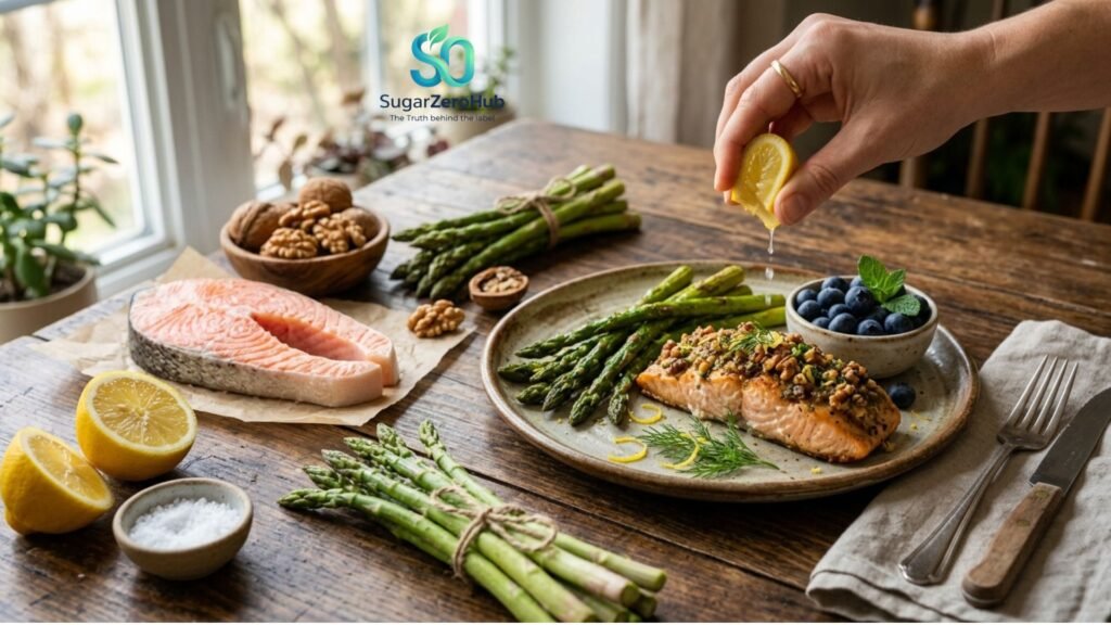 A Mediterranean MIND diet lunch for brain health featuring walnut-crusted salmon and asparagus on a wooden table.
