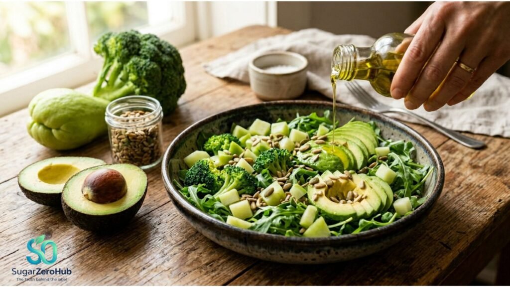 A healthy diabetes-prevention salad with avocado, broccoli, and seeds on a rustic table.