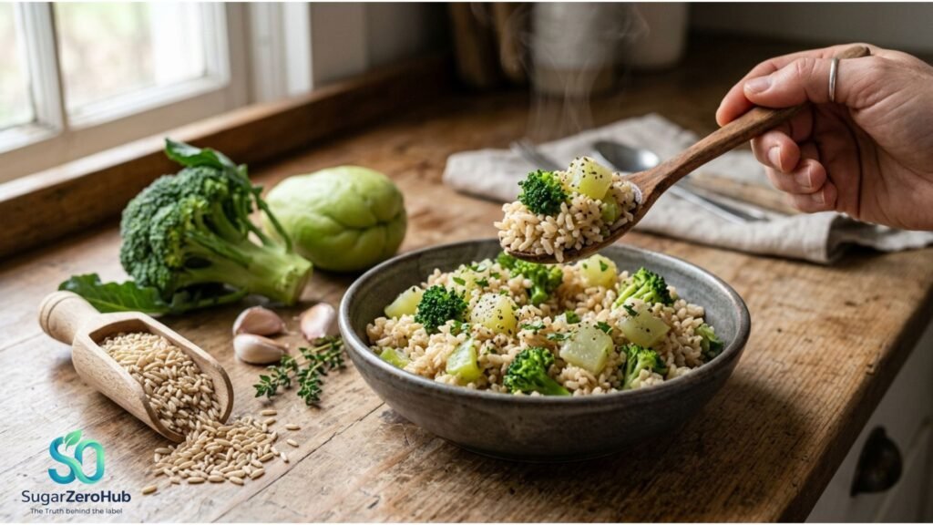 A bowl of fiber-rich brown rice mixed with broccoli and chayote for blood sugar management.