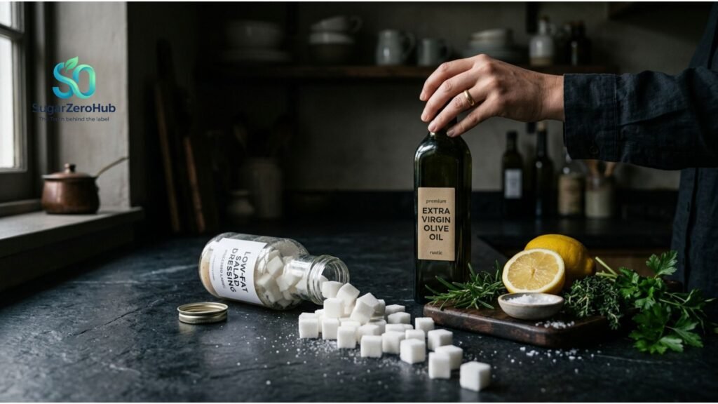 The Secret Sugar Trap: Are Your "Healthy" Condiments Spiking Your Glucose? A visual metaphor of sugar cubes spilling from a dressing bottle, representing hidden dangers for glucose.