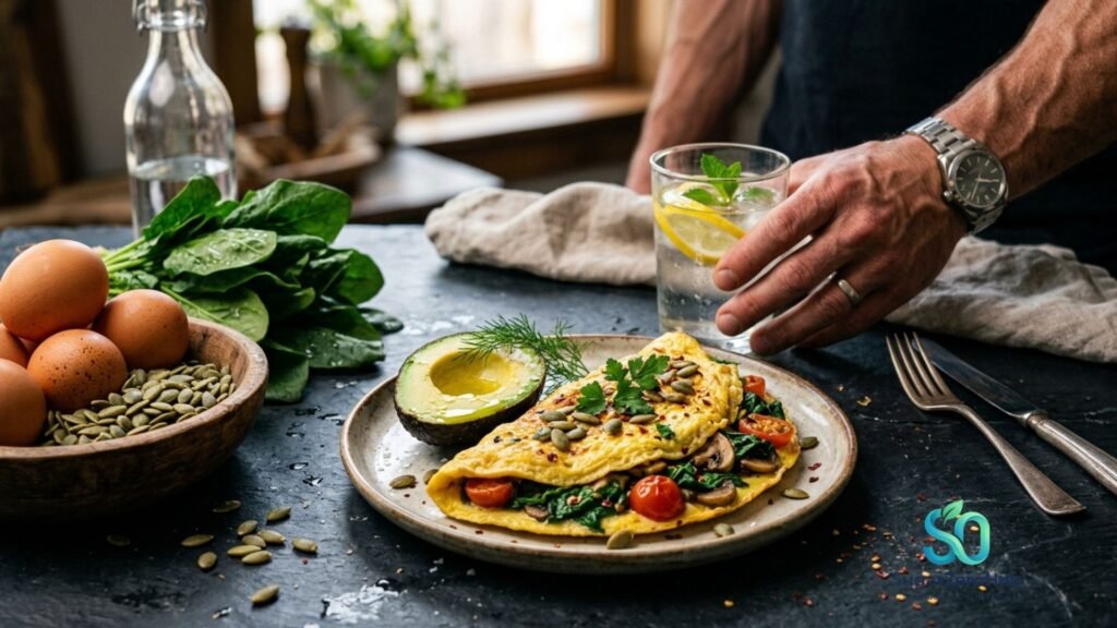 A high-protein, low-carb breakfast for men's hormonal health featuring eggs, spinach, and pumpkin seeds.