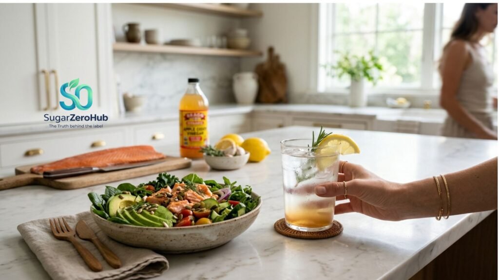 A woman holding apple cider vinegar water next to a healthy salmon salad, symbolizing hormonal blood sugar control.