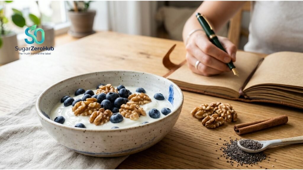 A brain-boosting breakfast bowl with blueberries and walnuts on a bright table, representing cognitive health for women.