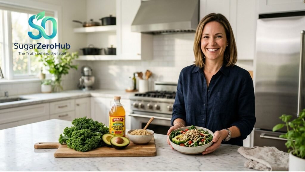 A woman preparing a metabolic balance bowl for diabetes prevention, featuring kale, avocado, and healthy ingredients.