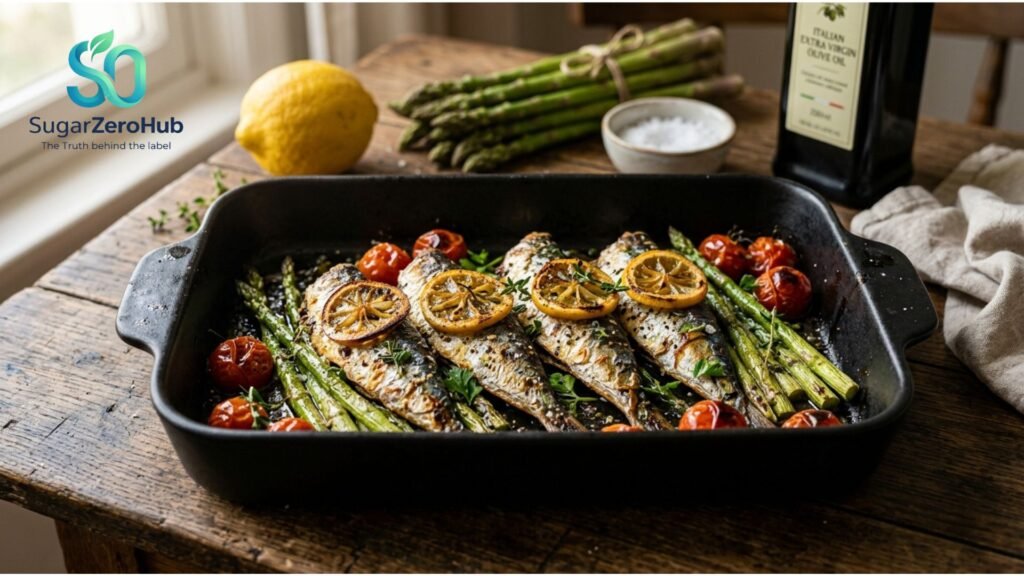 A roasted Mediterranean sardine and asparagus sheet pan meal for women's glucose and skin health.