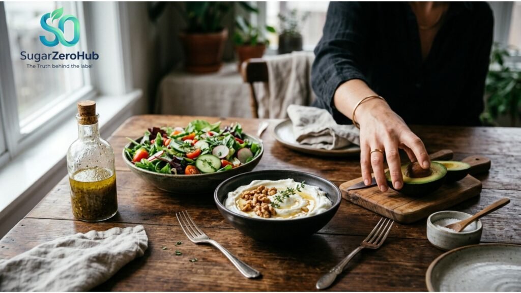 Hidden Dangers: The Silent Saboteurs of Women’s Metabolic Health A woman's hand reaching for fresh avocado on a table with healthy Greek yogurt and salad, representing metabolic health choices.