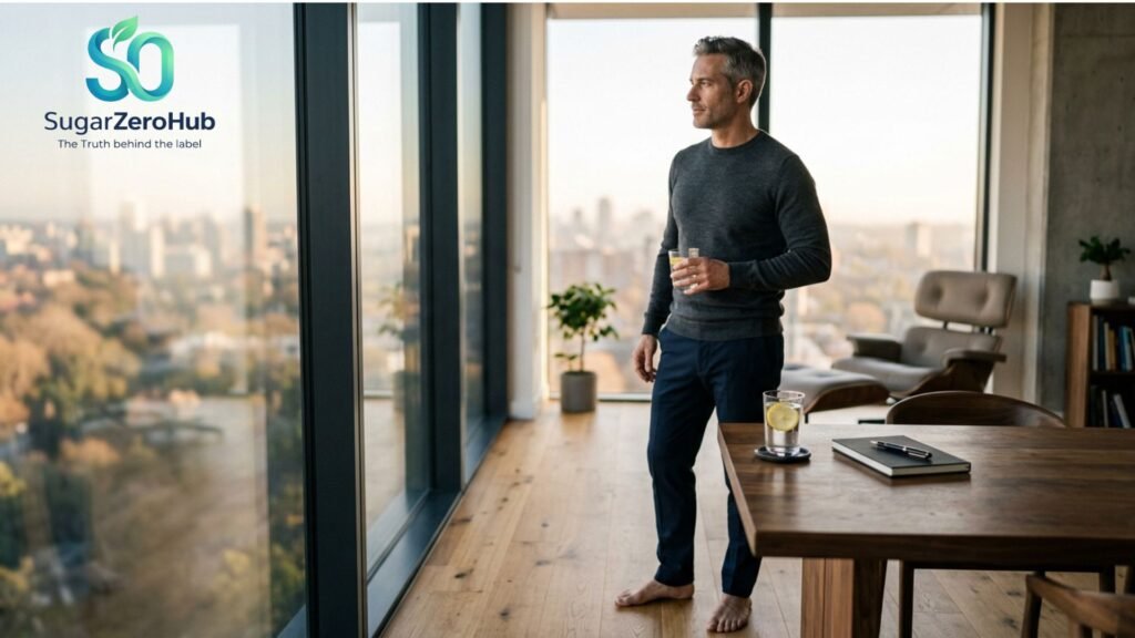 A man starting his morning routine with hydration and sunlight to optimize metabolic health.