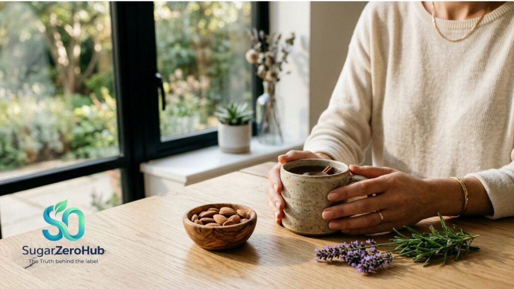 A woman holding a healthy tea next to almonds on a wooden table, symbolizing stress management and metabolic health for SugarZeroHub.