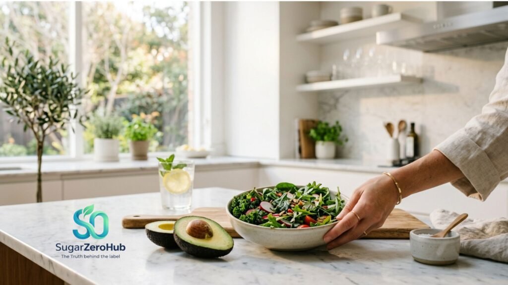Beyond Calories: Why Blood Sugar is the Real Secret to Sustainable Weight Loss A woman preparing a healthy meal with avocado and greens, focusing on blood sugar control for weight loss - SugarZeroHub.
