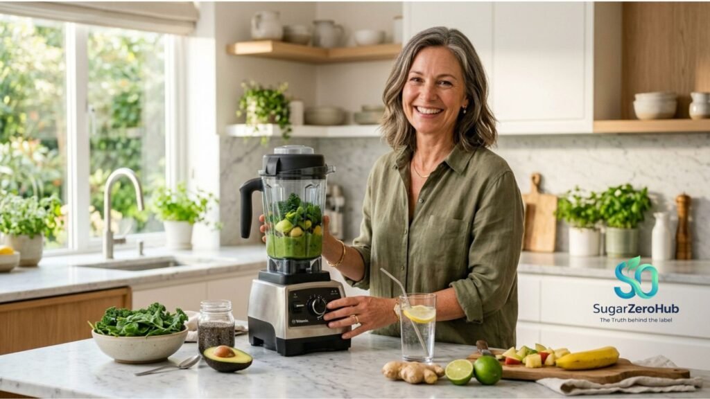 A radiant woman over 40 in a bright kitchen preparing a healthy green smoothie for blood sugar control.