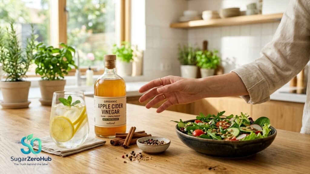 Natural ingredients for diabetes prevention including apple cider vinegar and lemon water on a sunlit kitchen table.