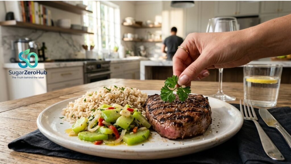A balanced healthy meal featuring brown rice, sautéed chayote, and grilled sirloin steak on a white plate.