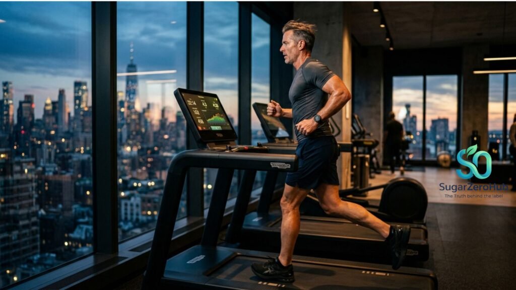 A fit man performing a high-intensity treadmill workout in a luxury gym, focusing on metabolic health and glucose control.