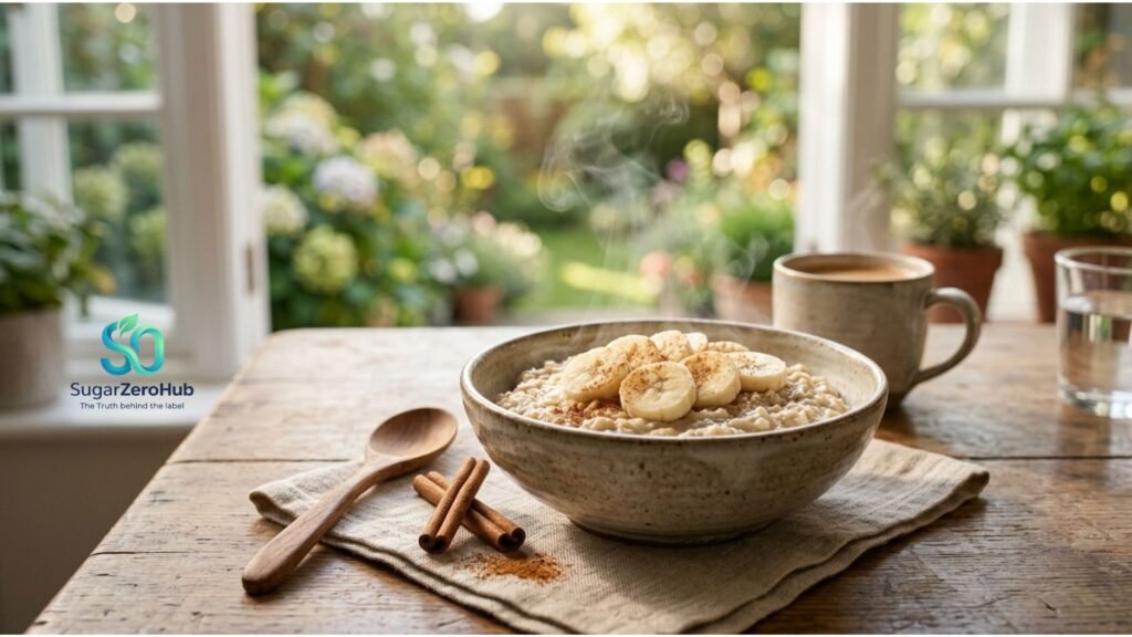 A soothing bowl of cinnamon banana oatmeal for cortisol control and stress relief, part of the Sugar Zero Hub metabolic zen protocol.