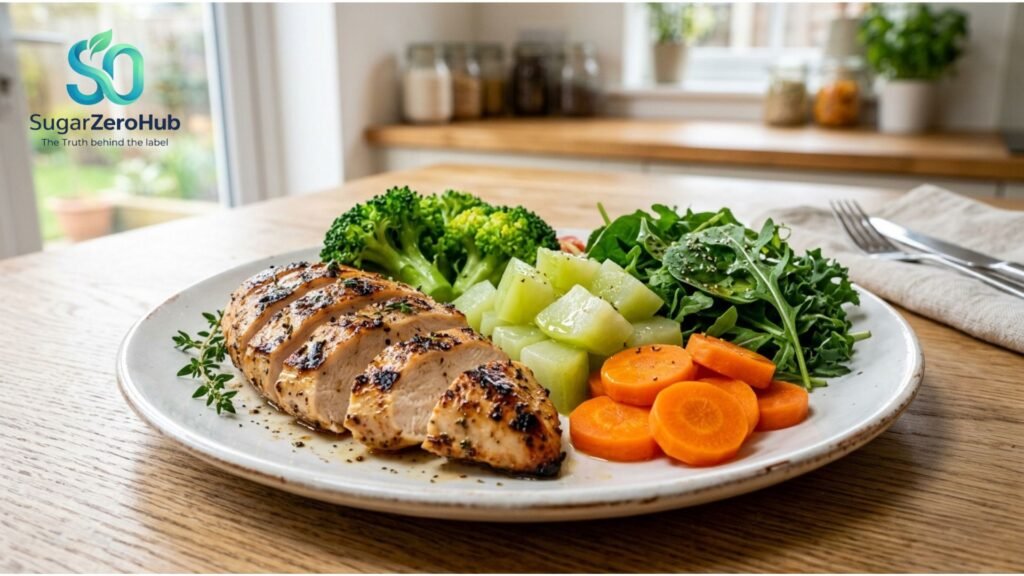 Grilled chicken breast with steamed broccoli, carrots, and chayote on a white plate - Sugar Zero Hub Metabolic Burn Protocol for weight loss.