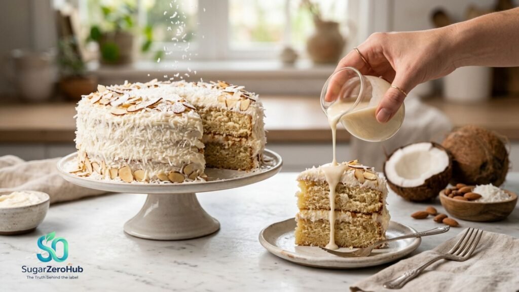 Sliced fluffy low carb coconut and almond cake on a table for blood sugar control.