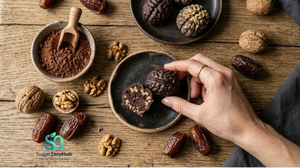 Professional culinary photography, overhead shot, a woman's hand reaching for a dark chocolate "Brain Bonbon" on a rustic wooden table. Around the plate,extreme macro close-up of a halved walnut-based bonbon showing the rich, fudgy texture inside, scattered whole walnuts, fresh dates, and a bowl of raw cocoa powder. Soft, premium natural morning lighting, 16:9 ratio, ultra-realistic, vibrant textures, no text.