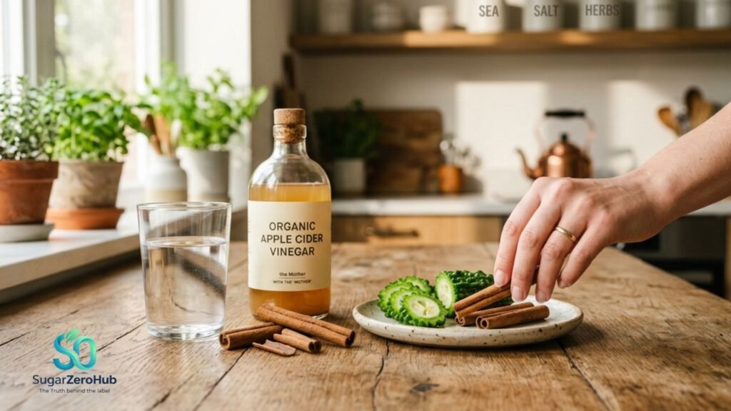 5 Science-Backed Daily Habits to Prevent Diabetes and Boost Longevity A top-view photograph of a human hand organizing ingredients for blood sugar control, including apple cider vinegar, cinnamon sticks, and bitter melon slices on a wooden table