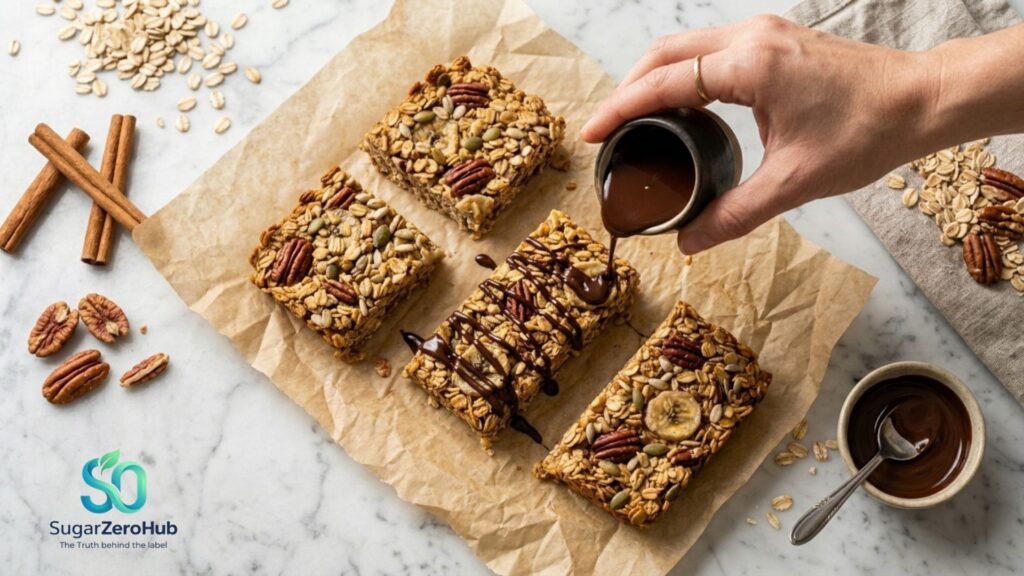 Sugar-Free Banana Oatmeal Bars: A Glucose-Friendly Dessert Secret A woman's hand drizzling dark chocolate over healthy sugar-free banana oatmeal bars on a kitchen counter.