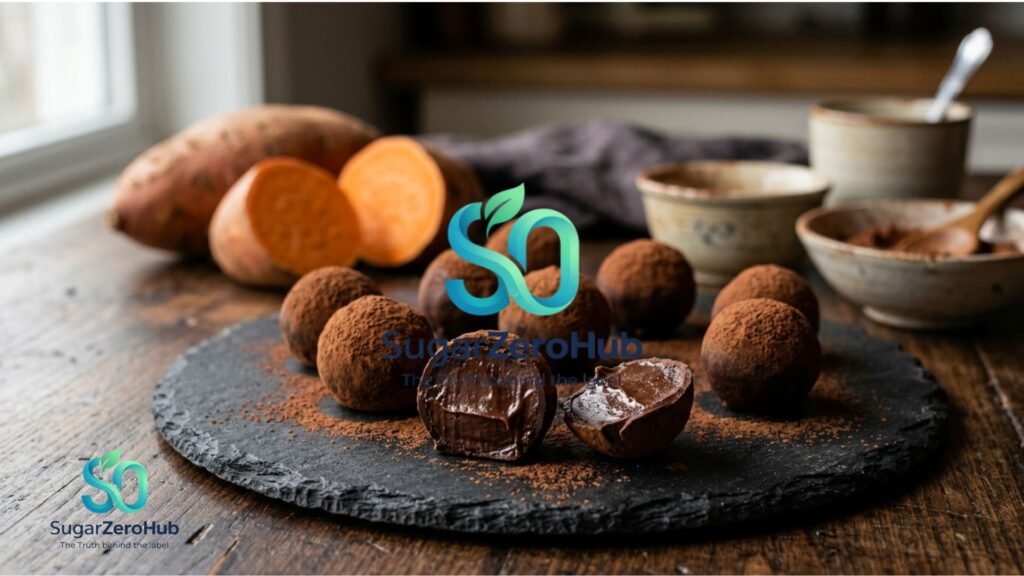The Hidden Danger in Your Favorite Truffles (And the Sweet Potato Secret) Gourmet dark chocolate truffles made with healthy hidden sweet potato on a premium slate.