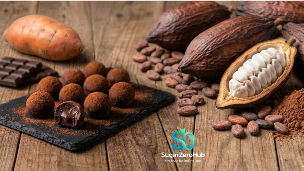 The Silent Energy Killer: Why Traditional Sweets Destroy Men’s Metabolic Performance (And The Cacao Fix) Premium dark chocolate power truffles on a slate board next to a sweet potato, showcasing clean male nutrition.