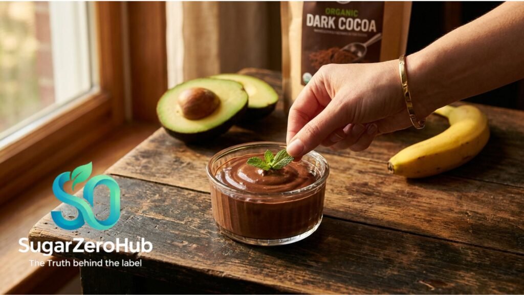 A glossy and smooth avocado chocolate mousse in a glass bowl on a wooden table, with fresh avocado and cocoa powder in the background.