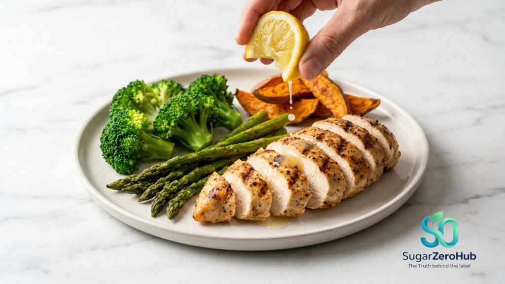 Premium balanced weight loss meal featuring grilled chicken breast, broccoli, asparagus, and sweet potatoes on a white plate to optimize insulin and blood sugar control.
