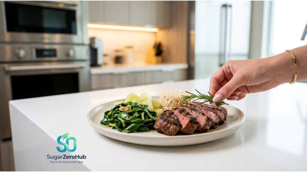 A sophisticated gourmet lunch featuring a seared beef chop, sautéed collard greens, chayote squash, and brown rice on a white plate for optimal blood sugar control.