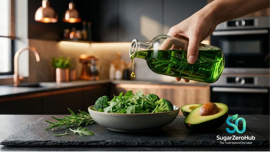 A premium glass bottle of rosemary-infused avocado oil on a dark counter next to a halved avocado for brain health and insulin resistance defense.