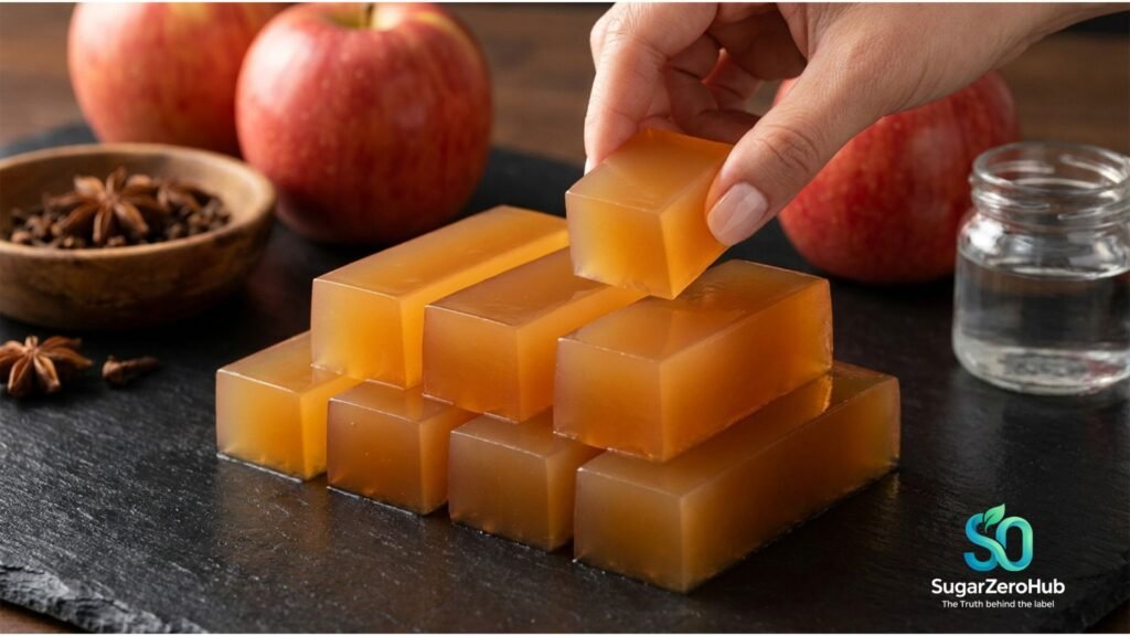 The Ultimate Zero-Sugar Apple Bars: A Diabetic and Baby-Safe Gelatin Dessert Sliced amber-colored sugar-free apple gelatin bars arranged neatly on a dark counter, showing a healthy dessert alternative for diabetics and young toddlers.