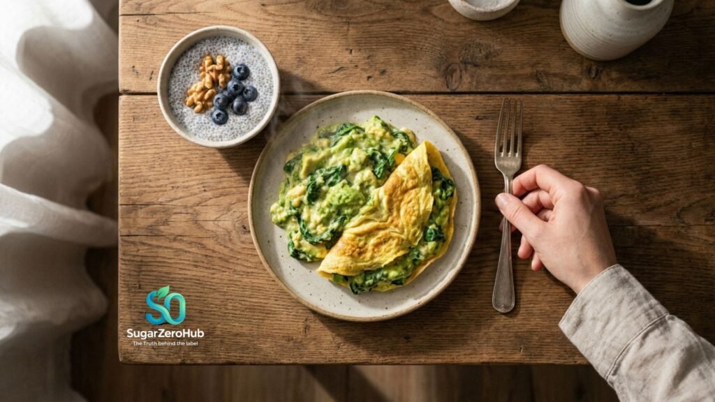 5 Healthy Breakfast Recipes to Stabilize Your Blood Sugar Fast Overhead shot of a healthy metabolic breakfast featuring an avocado spinach egg scramble and chia seed pudding on a wooden table with morning sunlight.