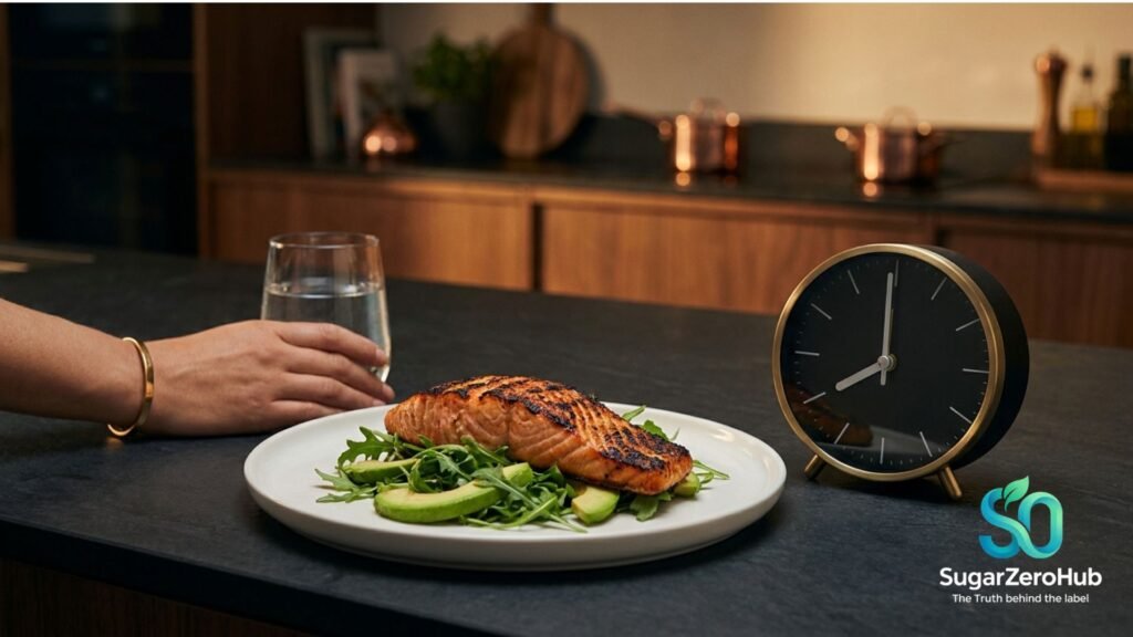 The Hidden Dangers of Constant Snacking: How Frequent Meals Are Aging Your Metabolism A nutrient-dense healthy meal on a dark counter next to an analog clock, symbolizing the transition to time-restricted eating and metabolic fasting.