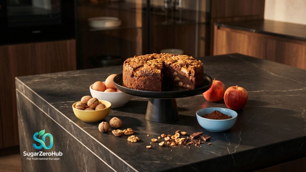 The 4-Ingredient Anabolic Apple Cake: Low-Glycemic Muscle Fuel for Men A rustic 4-ingredient chocolate apple cake with walnuts on a dark marble kitchen island, surrounded by raw apples, eggs, and cocoa powder.