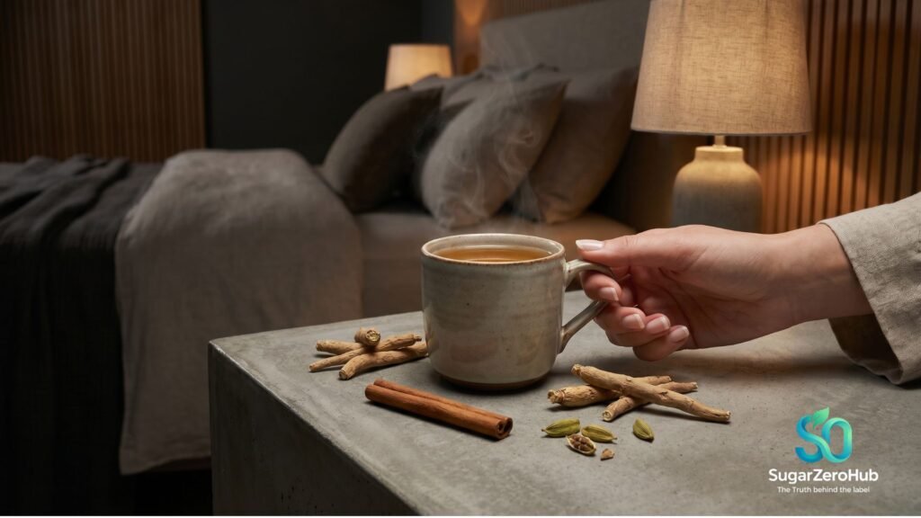 A warm mug of ashwagandha botanical tea on a modern nightstand next to cinnamon sticks, representing stress management and cortisol control for metabolic health.