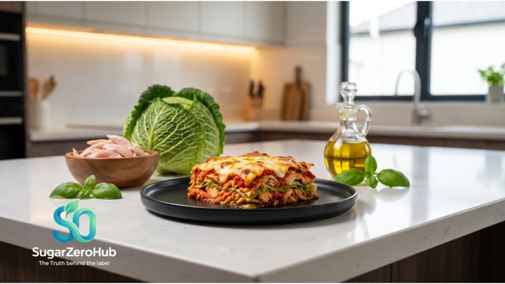 A single gourmet slice of high-protein low-carb cabbage and shredded chicken lasagna on a matte black plate, surrounded by raw ingredients on a white quartz kitchen island.