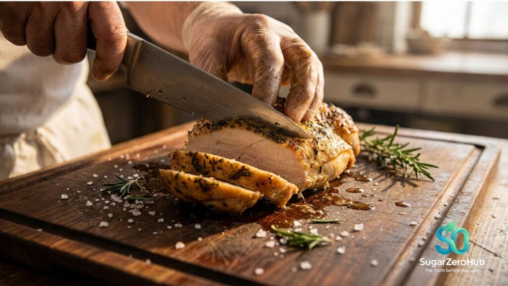 The Ultra-Processed Trap: How Common Deli Meats Quietly Disrupt Your Metabolism Hand slicing clean, herb-roasted whole chicken breast on a dark wooden board as a healthy alternative to processed deli meat.